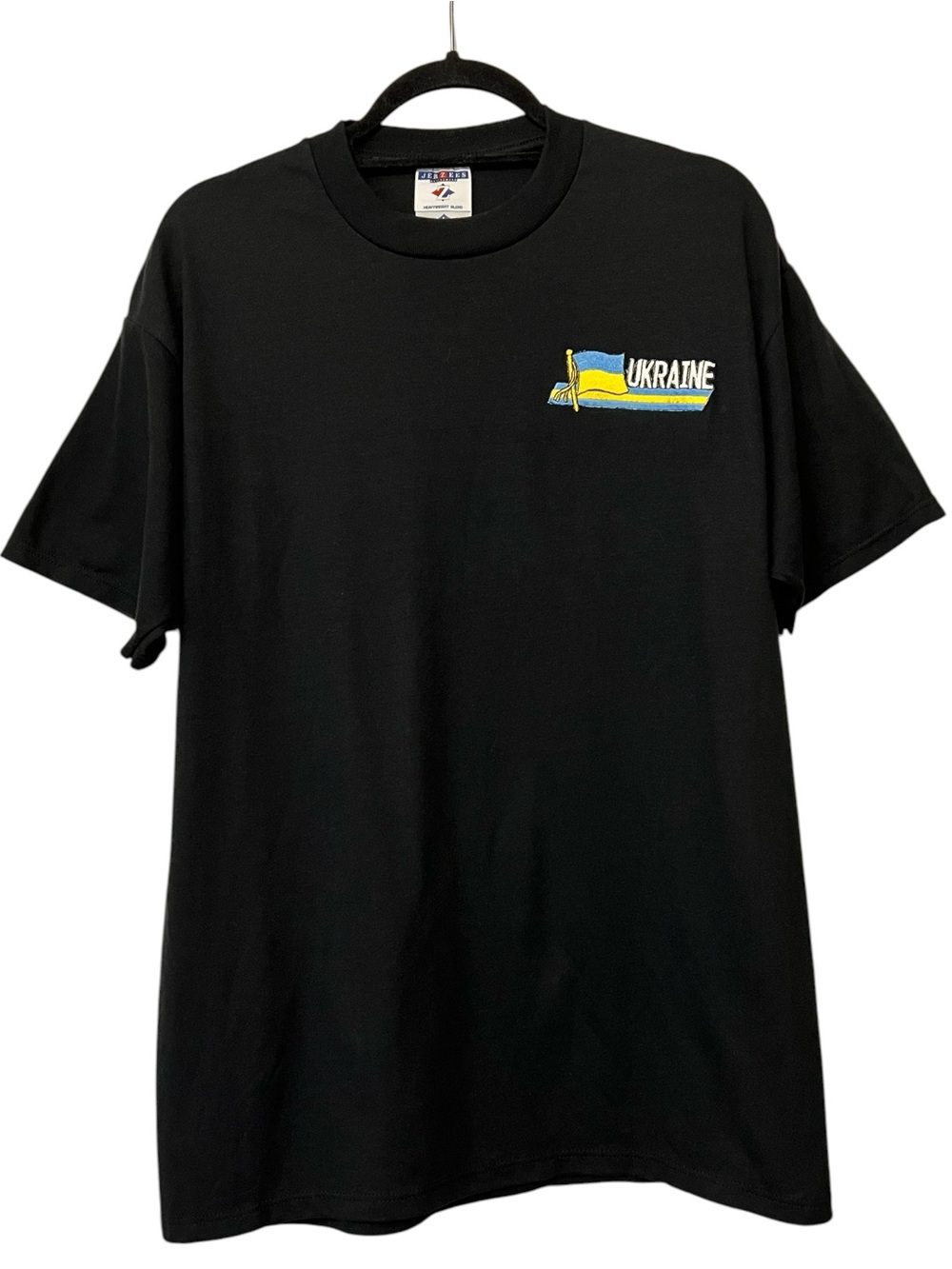 Vintage Jerzees T-shirt, Embroidered Ukrainian flag, Black, Size Large